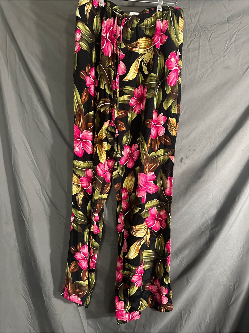 Caribbean Joe Black Wide-Leg Floral Pants with Pink Blossoms
